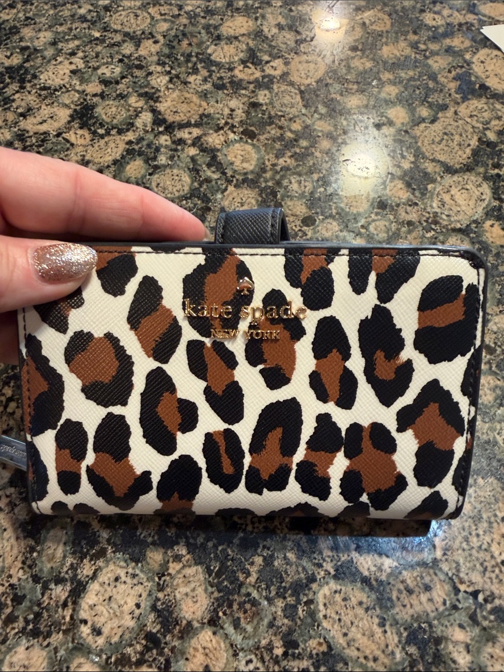kate spade Leopard Print Zip Wallet in Cream, Brown & Black